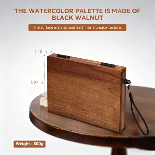 Wasserpalette aus Holz mit 27 Farbtöpfen, tragbar & leicht, ideal für Aquarell, Gouache & Acryl im Freien, inklusive Gurt & Reiniger