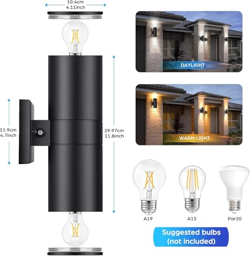 Image of TOBUSA Black Exterior Lighting Fixtures Wall Mount Dusk to Dawn, Modern Outdoor Wall Lights for House Waterproof, 2-Light Up and Down Cylinder Wall Sconces for Garage Porch Outside Patio Yard, 4-Pack