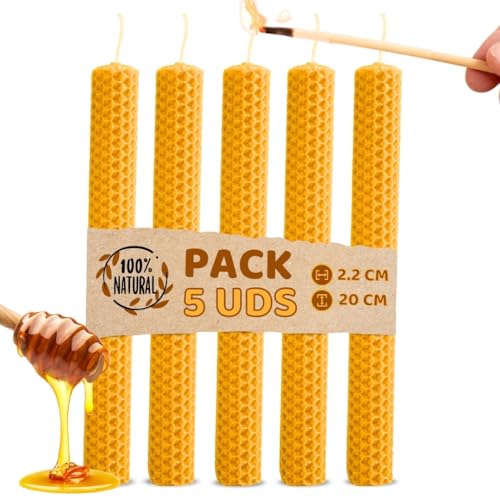 Velas de Miel de Abeja para Rituales 100% Natural Española Cera Pura - Hechas a Mano - Origen España - SIN PARAFINA (Pack 5, 20 cm x 2,2 cm)