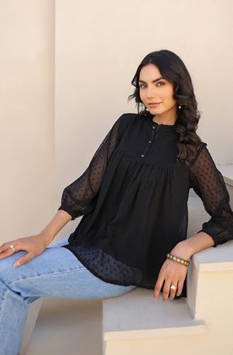 Image of Janasya Women's Dobby Chiffon Solid Empire Top