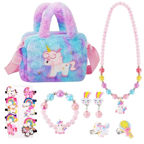 VGMANNTA Unicorno Bambina Regalo Borsetta Bambina Gioielli Bambina Unicorn Bracciale Orecchini Anelli Collana Set...