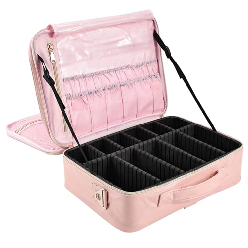 Joligrace Bolsa Maquillaje de Viaje Neceser Maquillaje PU Cosméticos Maletín Manicura Joyero y Uñas Organizador Grande Makeup Estuche Maletín Vacio con Bandolera y 2 Capas Profesional,Rosa