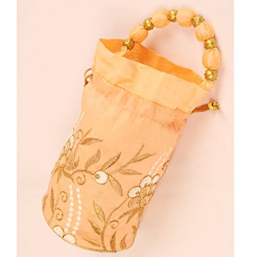 Indtresor Beaded Handcrafted Embroidered Evening Purse Drawstring Handbag Vintage Party Wedding Gift For Women. Peach Gold #TOP3
