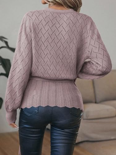 MakeMeChic Women's Wrap V Neck Sweaters Belted Hollow Out Long Sleeve Tie Front Knitted Pullover Top2