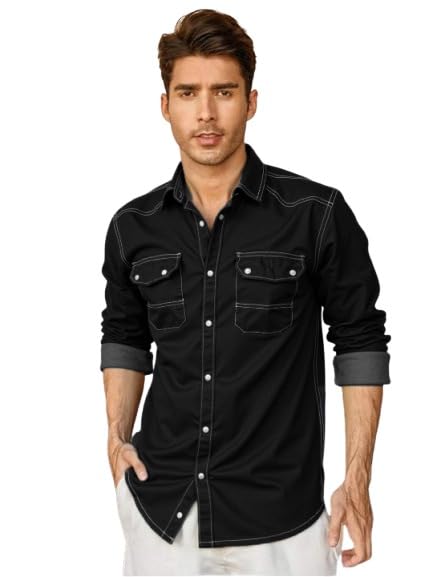 Mens Black Denim Shirt, Double Pocket Shirt. 21-image-34
