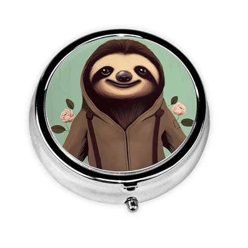 Cute 3-Compartments Round Pill Box Cartoon Sloth Small Pill Case Portable Medicine Dispenser,for Pocket Purse