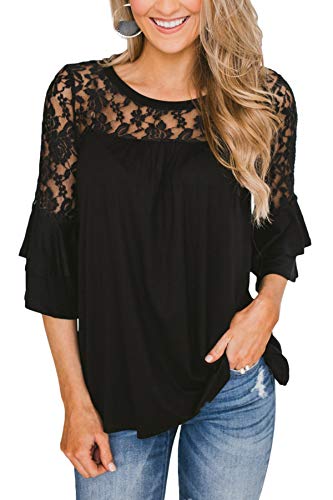 Black Lace Tops for Women Plain Blouse 3/4 Ruffle Bell Sleeve Tunic M