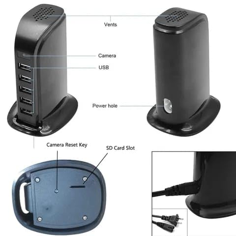 Diagram showing the components of the Smars USB Power Adapter Camera, including vents, camera lens, USB ports, power hole, camera reset key, and SD card slot.