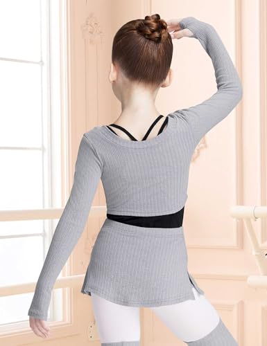 Image of Knit Crop Girls Dance Sweater and Pull on Ballet Skirts Set Athletic Ballet Warm up for Training