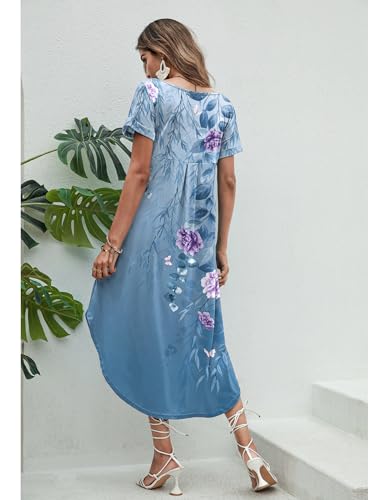 Image of Ekouaer Long Nightgowns for Women Short Sleeve House Dress with Pockets V Neck Sleepshirts Side Split Sleepwear S-4XL