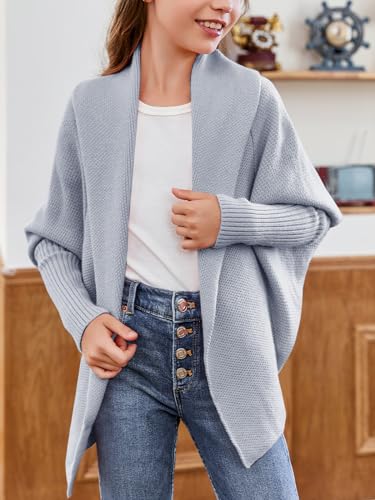 Image of Girls Open Front Cardigan Sweaters Batwing Long Sleeve Shawl Collar Ribbed Knit Winter Coats