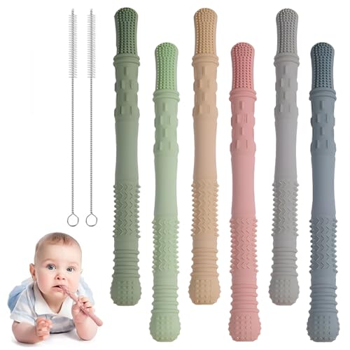 ORAGKE Beißröhrchen Zahnungshilfe Baby BPA-frei, 6 Stück Silikon Kaustange Baby Zahnen, Beißstange mit 2 Reinigungsbürsten, Beißstab Zahnen Hilfe, Beißring Beißspielzeug ab 3 Monate, Spülmaschinenfest