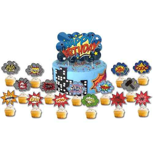 Cupcake Toppers,Superhero Cake Toppers 16 Piezas Toothpick Flags para Niños Niñas Regalo Decoraciones de Fiesta de Cumpleaños