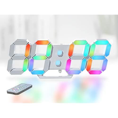 KOSUMOSU Wall Clock Neon Digital Clock 3D LED Desk Clock Large Display 9.7" RGB Clock Alarm Clock for Bedroom Living Room,Remote,Brightness Dimming, D