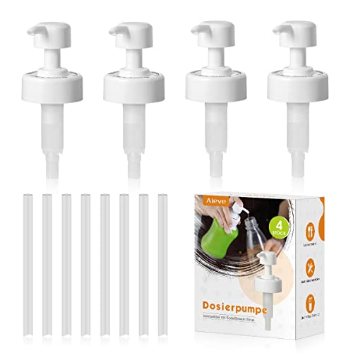 Aieve 4 Stück Dosierpumpe kompatibel mit 375 ml/440ml/500ml SodaStream Sirup, Sirupspender Dosierspender Zubehör für Verteilung von Sirup (inkl. 4 Pumpe und 8 Schläuche)
