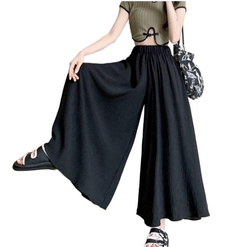 Women Lightweight High Waisted Loose Calf Length Pants Breathable Knit Solid Casual Tros with Sashes
