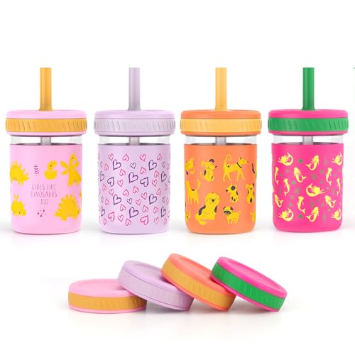 Sursip Toddler Glass Cups with Straw, Spill-Proof Kids Mason Jar Food Storage with Lids, Sippy Cups for Drinks, Smoothies, Snacks, Milk Cup [4 Pack] 8 oz 2-in-1