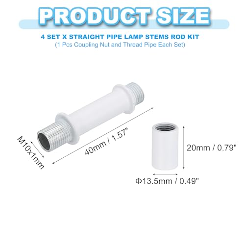 Image of PATIKIL Straight Pipe Lamp Stems Rod Kit, 4Set M10 Carbon Steel 40mm(1.57 inch) Long Double End Thread Rod with Coupling Nuts Sleeve Connector for Table Lamps Chandeliers, White