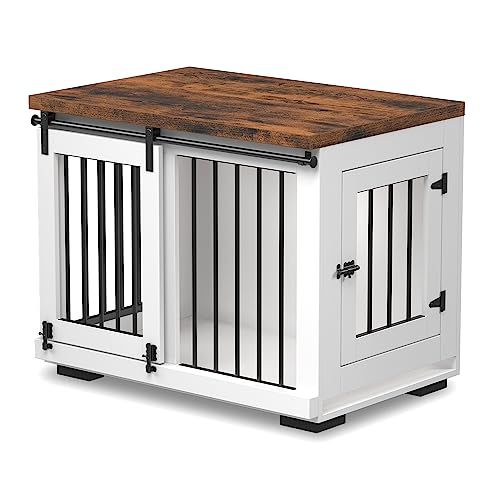 Image of Zakkart Dog Crate Furniture Barn Door for Medium Dogs Up to 40 lbs. - Puppy Kennel w /Thickened Farmhouse Top & Steel Bars - 30'' Wide - White Decorative Modern Dog Crate Table, End Table, Nightstand