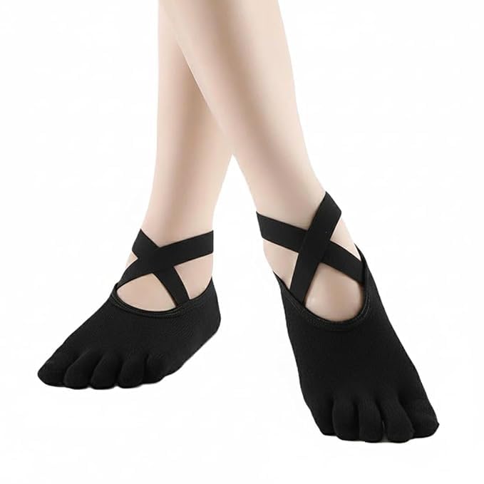 gopad Women’s 5 Toe Yoga Socks with Non-Slip Grip & Straps | Cotton Anti-Skid Socks for Pilates, Barre, Ballet, Dance & Home Workout (Free Size/Black)-picture-51