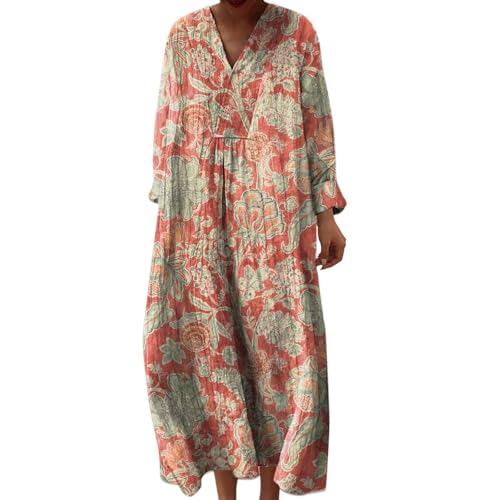 Vestidos Mujer Verano 2026 Boho Vestido Largo Casual para Disimular Tripa Talla Grande Manga Larga de Algodón y Lino con Bolsillos Vestido Playa Holgado Suelto Vintage Hippie Chic Maxi Tunica Larga