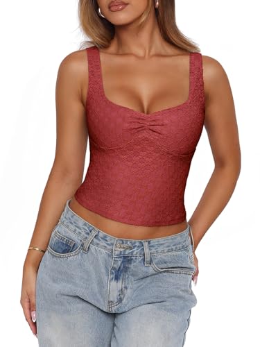 PINKMSTYLE Square Neck Tank Tops for Women Double Layer Slim Sleeveless Top Going Out Y2K Trendy Lace Crop Tops Red Large
