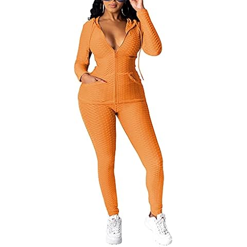 Elosele Casual Tracksuit Sweatsuit Jumpsuit Outfits - Front Zipper Running Track Jacket High Rise Textured Booty Lifting Tights Sport Jogger Set Orange XXL Cover