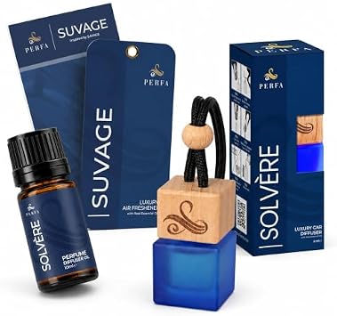 Solvere + Suvage Scent Diffuser Oil & Car Air Freshener Bundle | Luxury Masculine Fragrance Oil with Vent Clip Diffuser | Bergamot Citrus, Amber & Woody Scent Set for Men