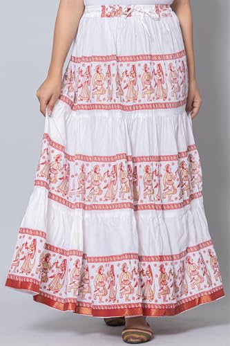 Image of Women's Cotton Printed Long Skirt | Ethnic Folk Print Tiered Maxi Skirt for Women | Elastic Waist Flared Boho Skirt | Traditional Casual for Women