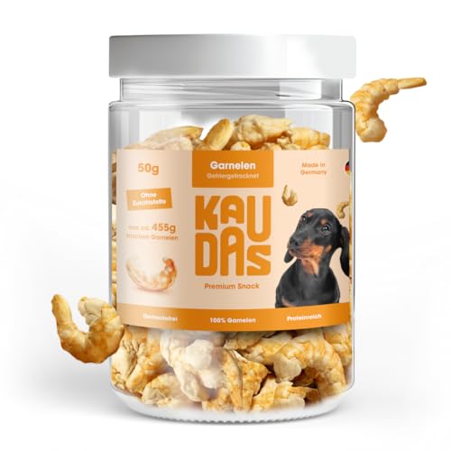 KAUDAS GarnelePur Natursnack – 3 x 50 g gefriergetrocknetes Garnelen Leckerli Hund mit hohem Proteingehalt, 100% natürlicher Hundesnack je 455g Rohgewicht – ohne Zucker, Getreide & Zusatzstoffe