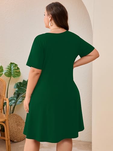 Image of AusLook Plus Size Midi Dress for Women Loose V Neck Short Sleeve Summer Casual A Line T Shirt Sundresses with Pockets 1X-5X
