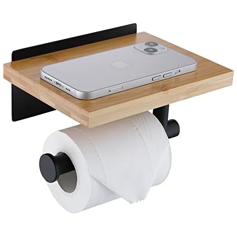 HomeHeng H98903MB Toilet Roll Holder with Natural Bamboo Shelf, Toilet Roll Holder, Stainless Steel, No Drilling, Self-Adhesive or Wall Mounting, Matte Black Cover