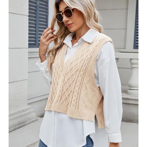 Image of Blostirno Women's Sweater Vest V Neck Sleeveless Casual Ribbed Cable Cropped Pullover Vests Argyle Plaid Knit Tank Tops