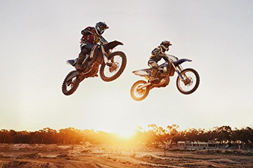 Motocross Riders Jumping Over Sunset Motorcycle Bike Photo Photograph Race Racetrack Dirt Cool Wall Art Print Poster 24x16