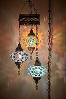 DEMMEX 3 Large Globe Plug-in Turkish Moroccan Mosaic Chandelier, Hanging Lamp, Ceiling Light Fixture with 15ft Cord & Chain for Living Room, Bedroom - Handmade, Customizable, 3.5 ft Drop