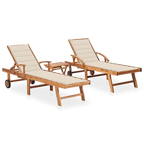 Gecheer - Tumbonas de 2 piezas con mesa y cojín de madera de teca sólida, baño de sol reclinable de jardín al aire libre, tumbona de playa relax para acampar balcón piscina