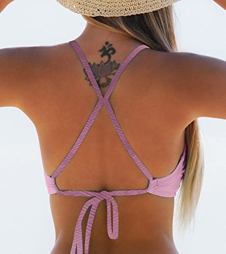 Image of CUPSHE Womens V Neck Textured Bikini Top Crssback Swimsuit | Self Tie,Soft Removable Cups,Spaghetti Straps,Flattering Bathing Suit For Vacation And Beach