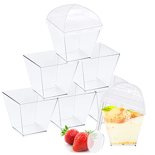 BonTiady Lot de 30 verrines à dessert, avec couvercle et cuillère, 115 ml, ensemble de récipients carrés, réutilisables en plastique, pour mousses, puddings, glaces, buffets, fêtes