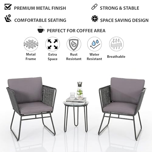 Image of BRISHI Garden Patio Seating Chair and Table Set Outdoor Balcony Garden Coffee Table Set Furniture with 1 Table and 2 Chairs Set with Cushion Braid & Rope (Dark Grey)