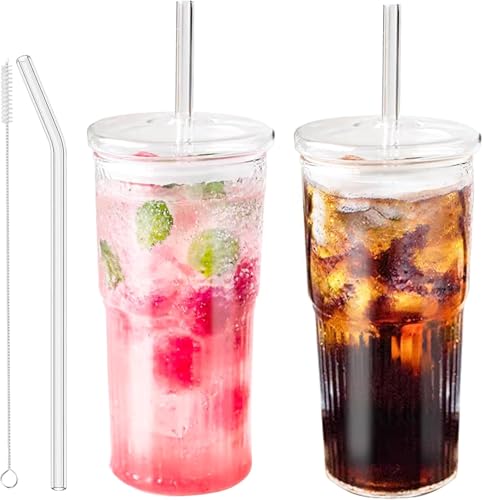 JunVpic Glass Tumbler with Straw and Lid, 20 OZ Clear Iced Coffee Glasses Cups for Ice Water, Juice, Tea, Milk, Smoothie and Cold or Hot Drinks, Set of 2