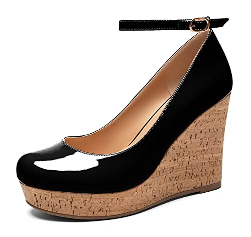 YODEKS Women's Closed Toe Wedge High Heels Ankle Strap Pumps Comfort Cork Platform Shoes Office 4Inch2