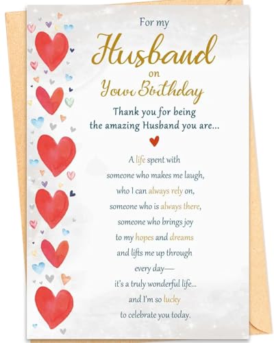 Mirelia Husband Birthday Card Romantic Heart Design With Sentimental Verse For Him 20.5 x 13.5 cm with Envelope