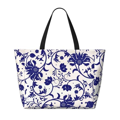 Blue And White Porcelain Pattern Print Beach Pool Bags Tote For Women Ladies Large Gym Tote Carry On Bag For Weekender Travel Waterproof2