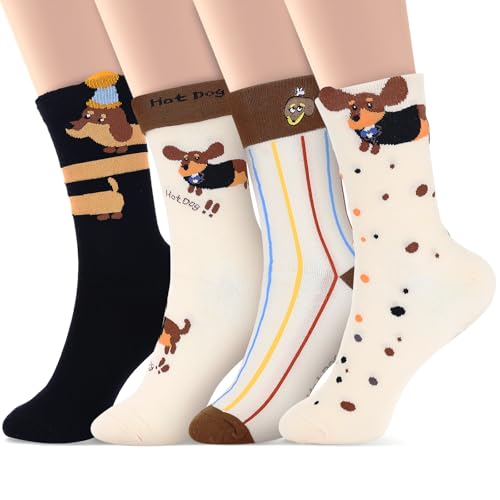 MKLG 4 Paare Dackel Socken, Dachshund Socken, Dackelsocken Lustig Deko mit Dackel Motiv - Originelles Geschenk für Hundeliebhaber - Unisex Einheitsgröße Baumwolle (Stil 1)