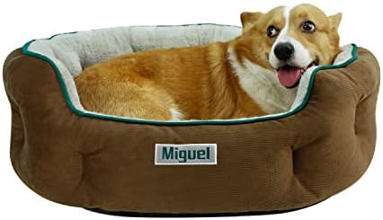 Miguel Round Oval Bolster Dog Cat Bed for Medium Small Dog Machine Washable Removable Cushion, Medium Soft Square Cuddle Pet Bed with Slip-Resistant Bottom (26″ x 22″ x 8″, Brown, M)