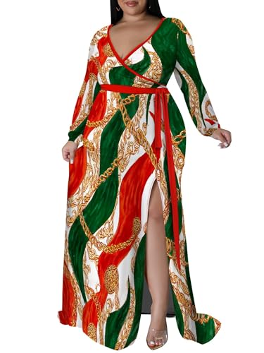 Image of PinkPatty Women's Plus Size Long Sleeve Maxi Dress Casual V Neck Slit Tie Waist Wrap Dresses for Party Cocktail