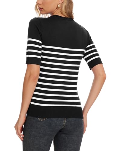 Image of Spicy Sandia Women's Short Sleeve Sweater Casual Knit Pullover Top for Summer Lightweight Black and White Striped 2XL