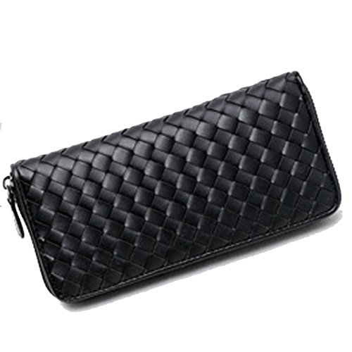 Women Woven Leather Zipper Long Purse Wallet Card Holder