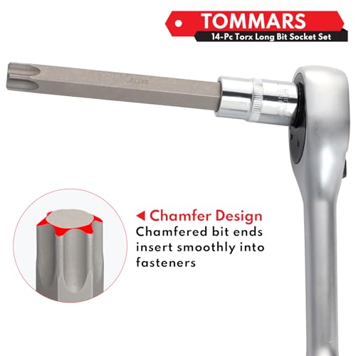 Image of TOMMARS 14-PC Long Torx Bit Socket Set | T10, T15, T20, T25, T27, T30, T35, T40, T45, T47, T50, T55, T60, T70, 3 /8 inch, 1 /2 inch Drive, S2 Alloy Steel