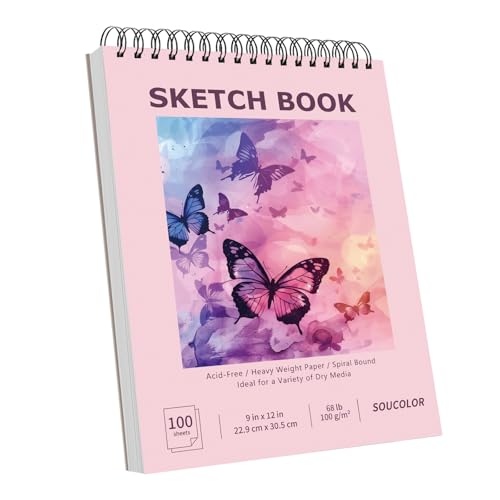 Image of Soucolor Sketch Book 9 inch x 12 inch for Teen Girls, Cute Pink Sketchbook | 100 Sheets Spiral Notebook Drawing Pad|Pastel School Art Supplies for Beginner Artists|Arts and Crafts Gifts Set for Women